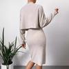 2 Pcs/Set Women Top Dress Suit Mock Collar Thread Long Sleeve Sweater V Neck Sheath Slim