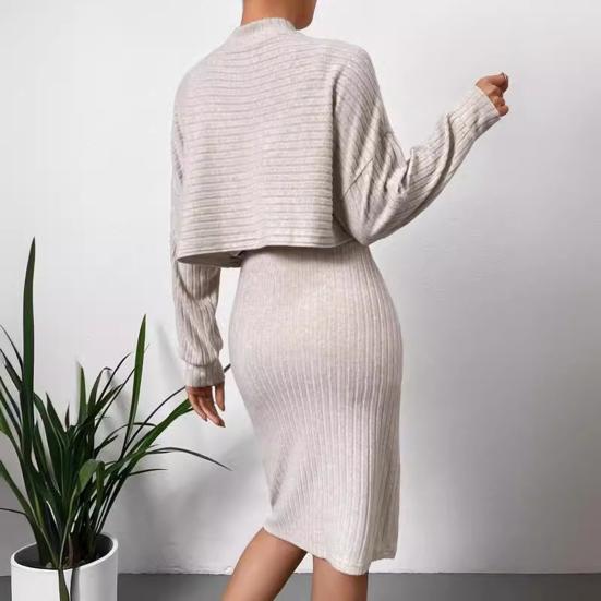 2 Pcs/Set Women Top Dress Suit Mock Collar Thread Long Sleeve Sweater V Neck Sheath Slim