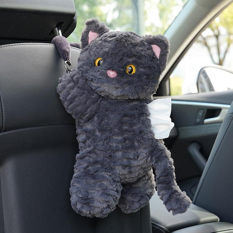 Cartoon Cat Plush Hanging Car Tissue Box For Car Backseat