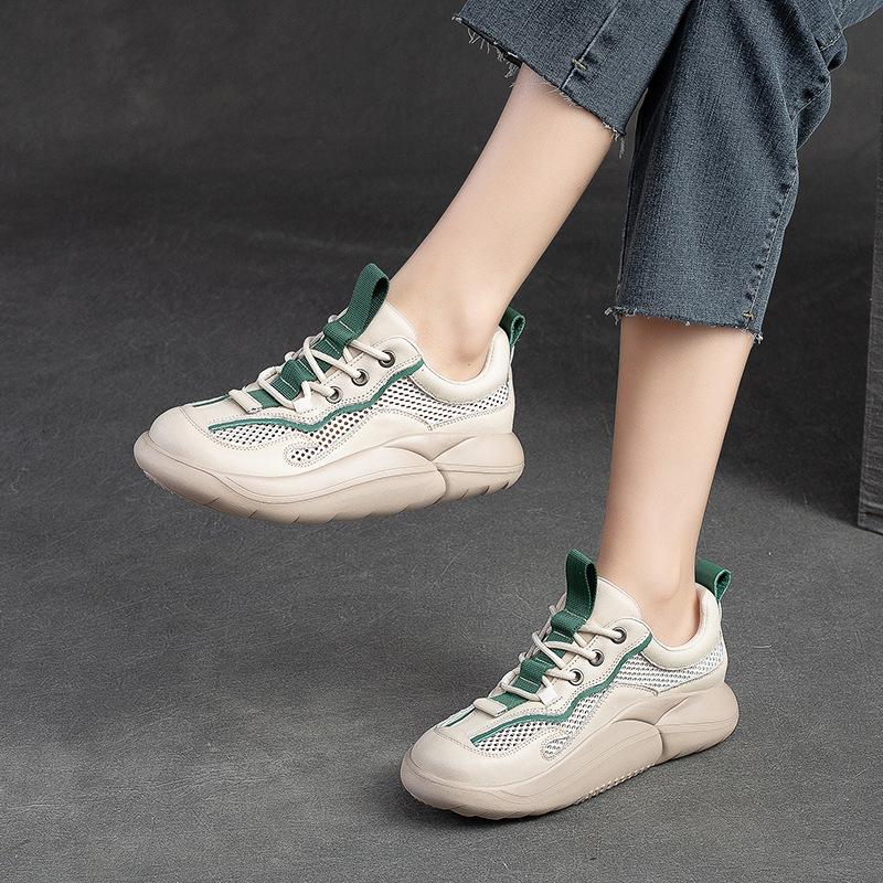 Fashion GKTINOO Mixed Colors Casual Sneakers Women Thick Bottom Genuine Leather Mesh Breathable Lace-Up Summer Chunky Platform Shoes