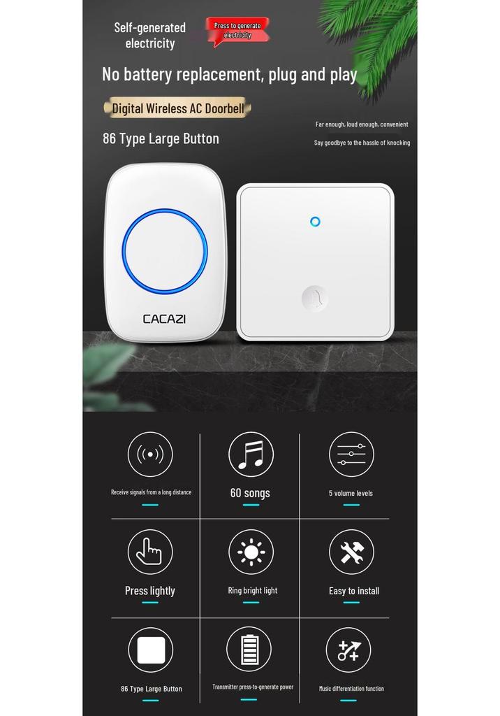 Wireless Home Doorbell, Self-Powered, Ultra-Long Range, No-Drill, 86 Type Design, Outdoor, Includes Elderly Call Button, One-to-Two System