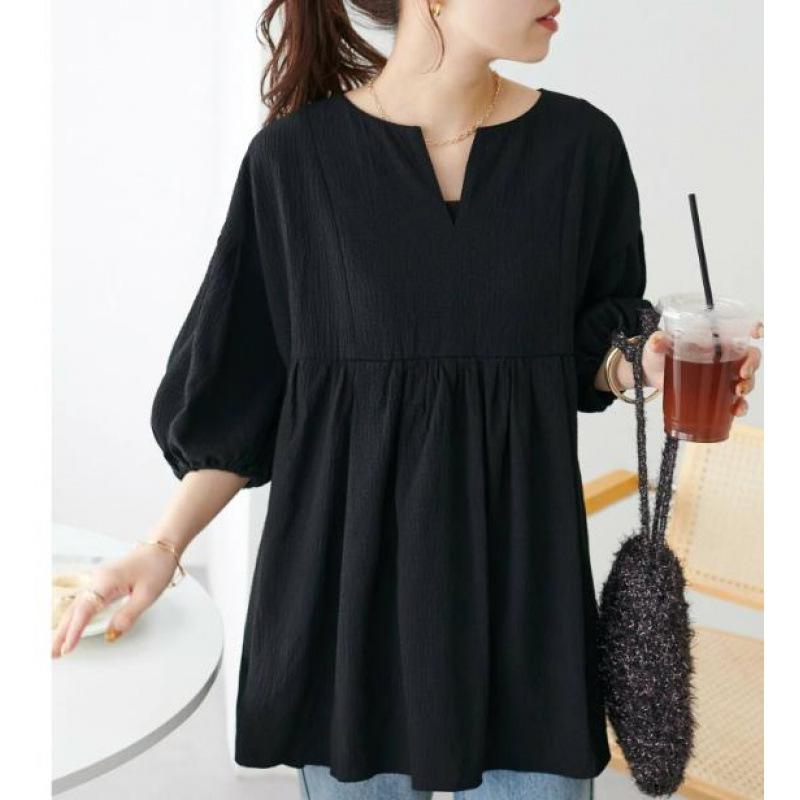 Japanese Style Plus Size Lace Top Three Quarter Sleeve Loose Fit Blouse