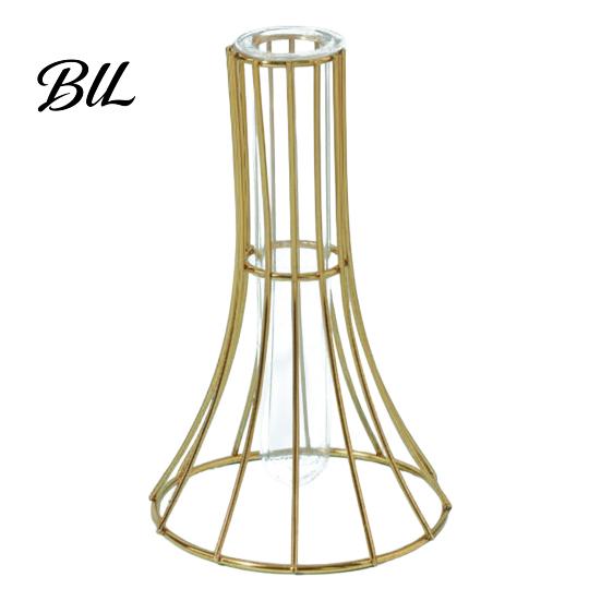 Narrow Mouth Flower Vase Decorative Glass with Metal Wire Stand Clear Test Tube Iron Desktop Art Frame for Hydroponic Plant Modern Container