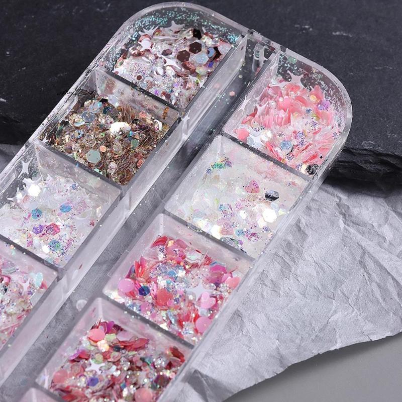 Colorful Glitter Sequin Mixed Set 12 Grids Star Heart Shapes Nail Art Shaker Flakies Paillette Manicure Sparkling Decor