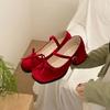 Red French Light Mouth Thick Heel Single Shoes Women's 2025 New Spring and Autumn with Skirt Square Head Retro Height-increasing Mary Jane Shoes