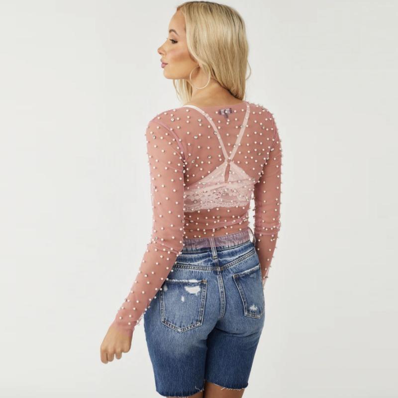 Женский прозрачный сетчатый топ с бусинами и стразами