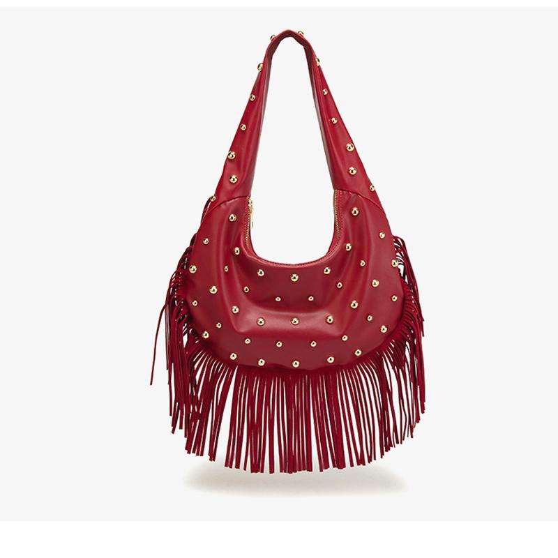 Yogodlns Модная женская сумка подмышку с индивидуальностью, ретро, с кожаной текстурой, с кисточкой и заклепками, универсальная, простая, трендовая наплечная сумка