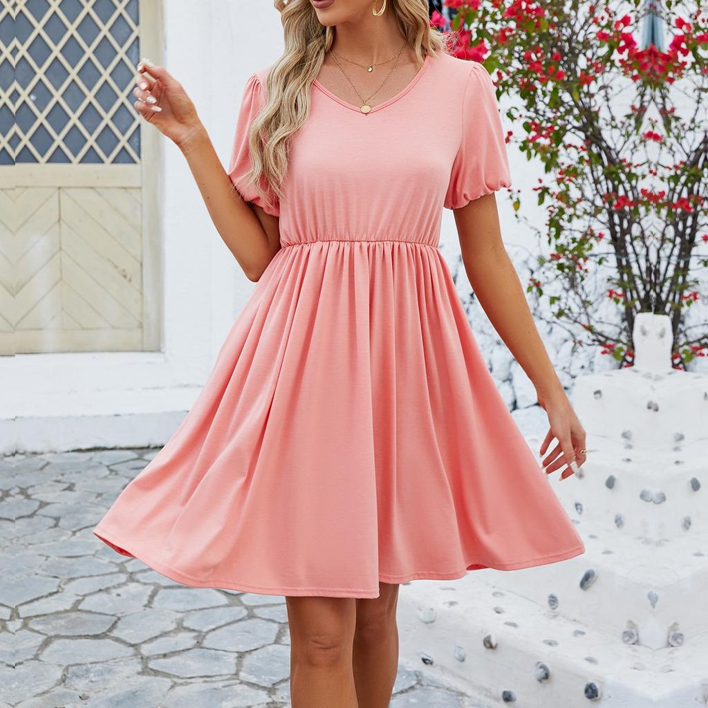 Women's Solid Colour V-Neck Puffy Sleeve Pleated Big Hem Dress Fashion Dresses