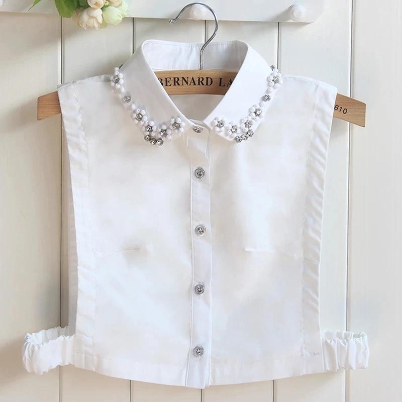 Fashion Embroidery Fake Collar Women Rhinestone Half Shirt Vest Detachable False Collar Faux Cols Lapel Female Necklace Decor