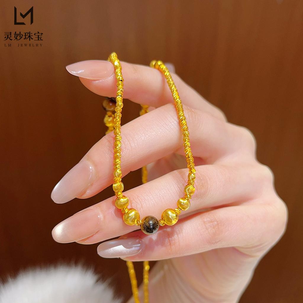 Ожерелье и браслет с бусинами «Кошачий глаз» для женщин, 24K золото AU999 - Стиль «Кошачий глаз» в стиле легкой роскоши, сдержанно мерцающее, для офисных дней