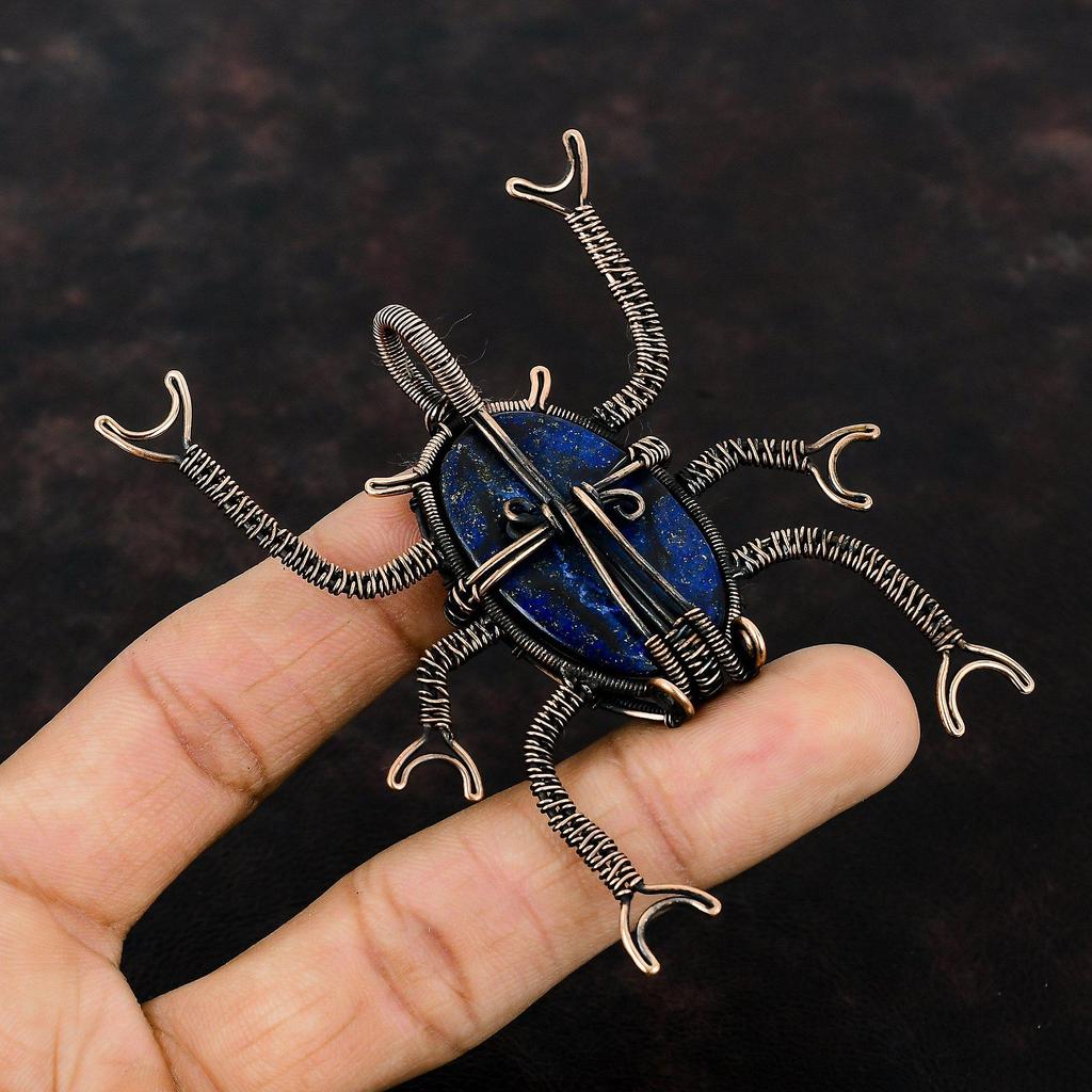 Подвеска из лазурита, медная проволока, кулон из лазурита, медные ювелирные изделия, кулон с драгоценным камнем, подарок для женщин, кулон с жуком, ювелирные изделия ручной работы