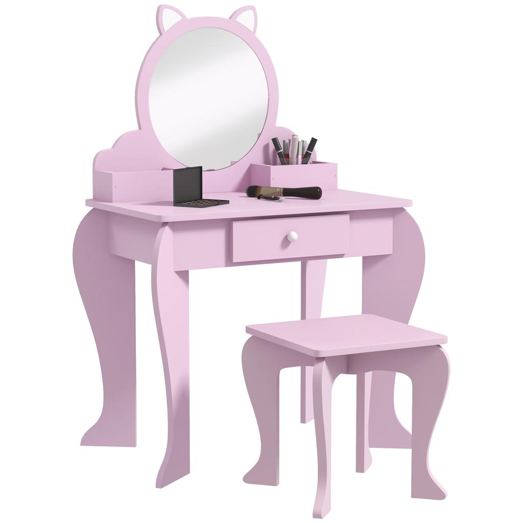 Kids Vanity Table with Mirror, Stool, Drawer, Storage Boxes, Cat Design, for Ages 3-6 Years - Pink