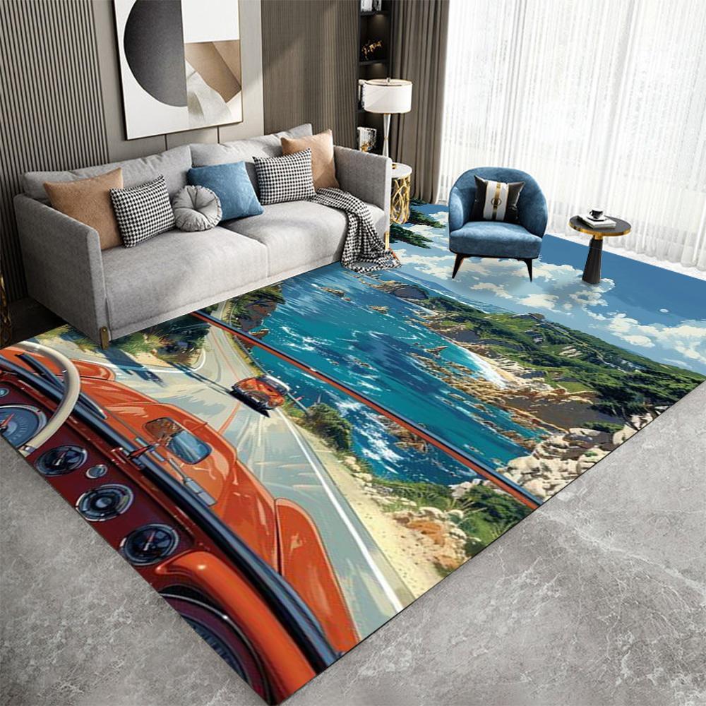 Ковер с тропическим пляжным пейзажем, с пальмами, цветами, винтажным автомобилем, прибрежной дорогой, узорами хижины на берегу для декора гостиной
