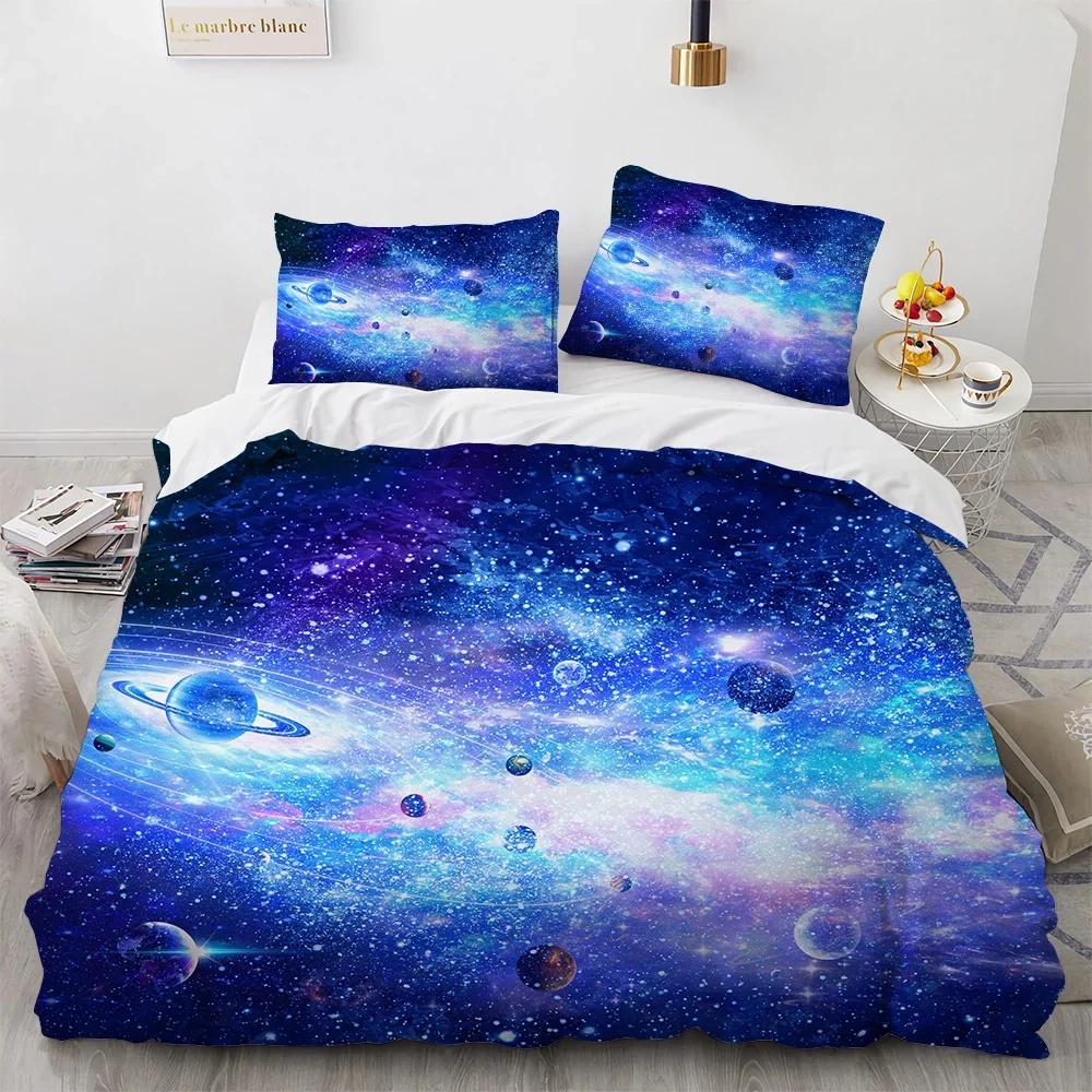 Пододеяльник Galaxy Planet King Queen Вселенная Небо Комплект постельного белья 3D Голубая Земля Космос Астрономия 2/3 предмета Полиэстер Чехол для одеяла