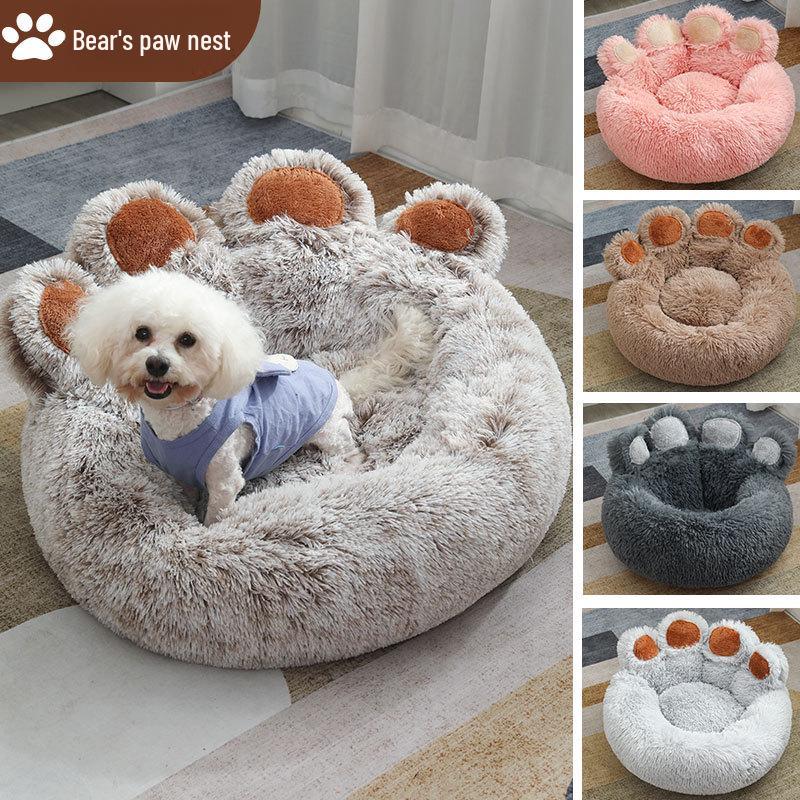 Warm Cartoon Bear Paw Plush Pet Bed for Cats and Dogs
