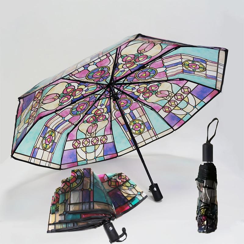 Automatic Church Retro Transparent Large Umbrella Stained Glass Transparent Umbrella Romantic Sunny Dual Use Of Rain And Light