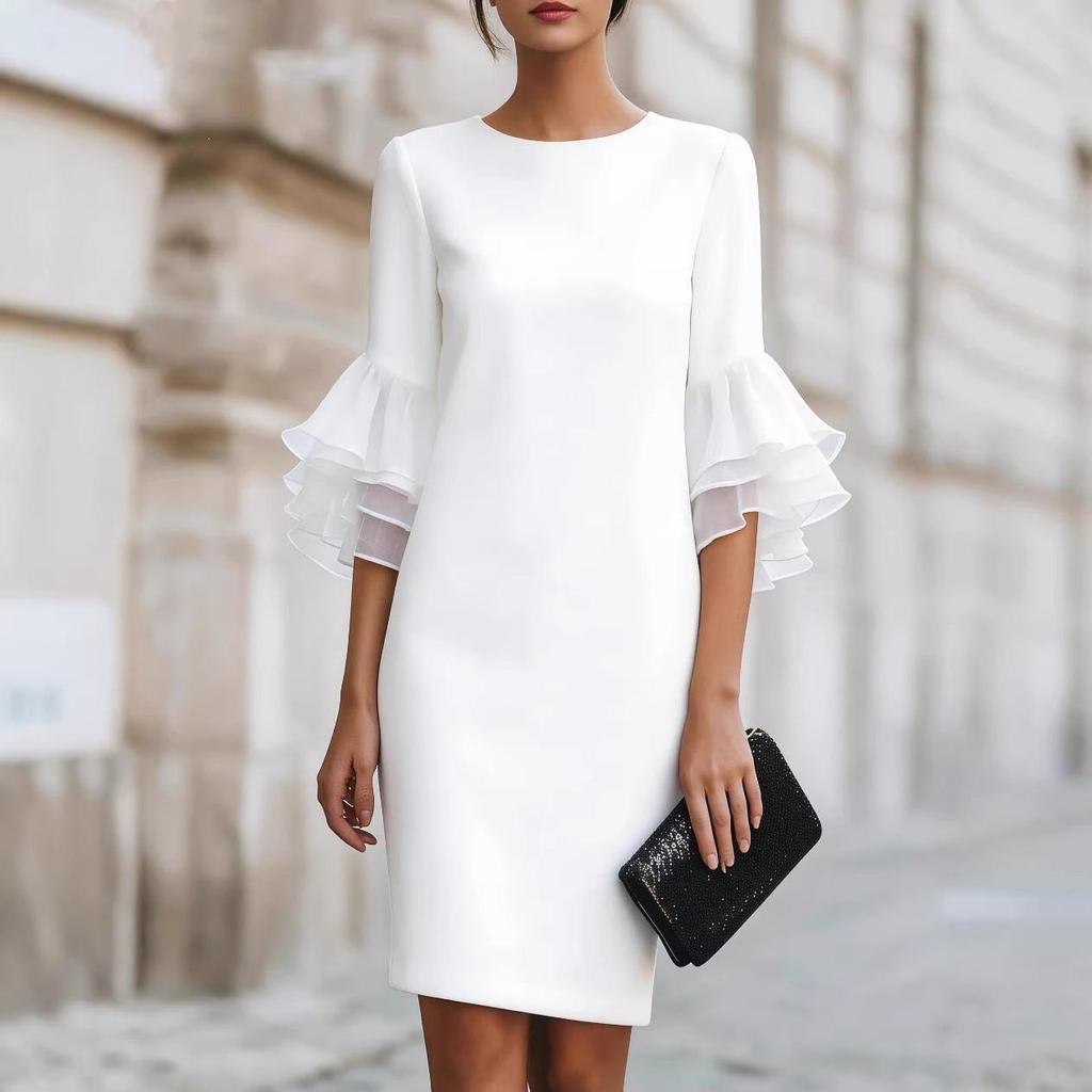New Ruffle Sleeve Bodycon Midi Dress Women Elegant Knee Length Sheath Party Cocktail Dress Long Sleeve Office Lady Dresses
