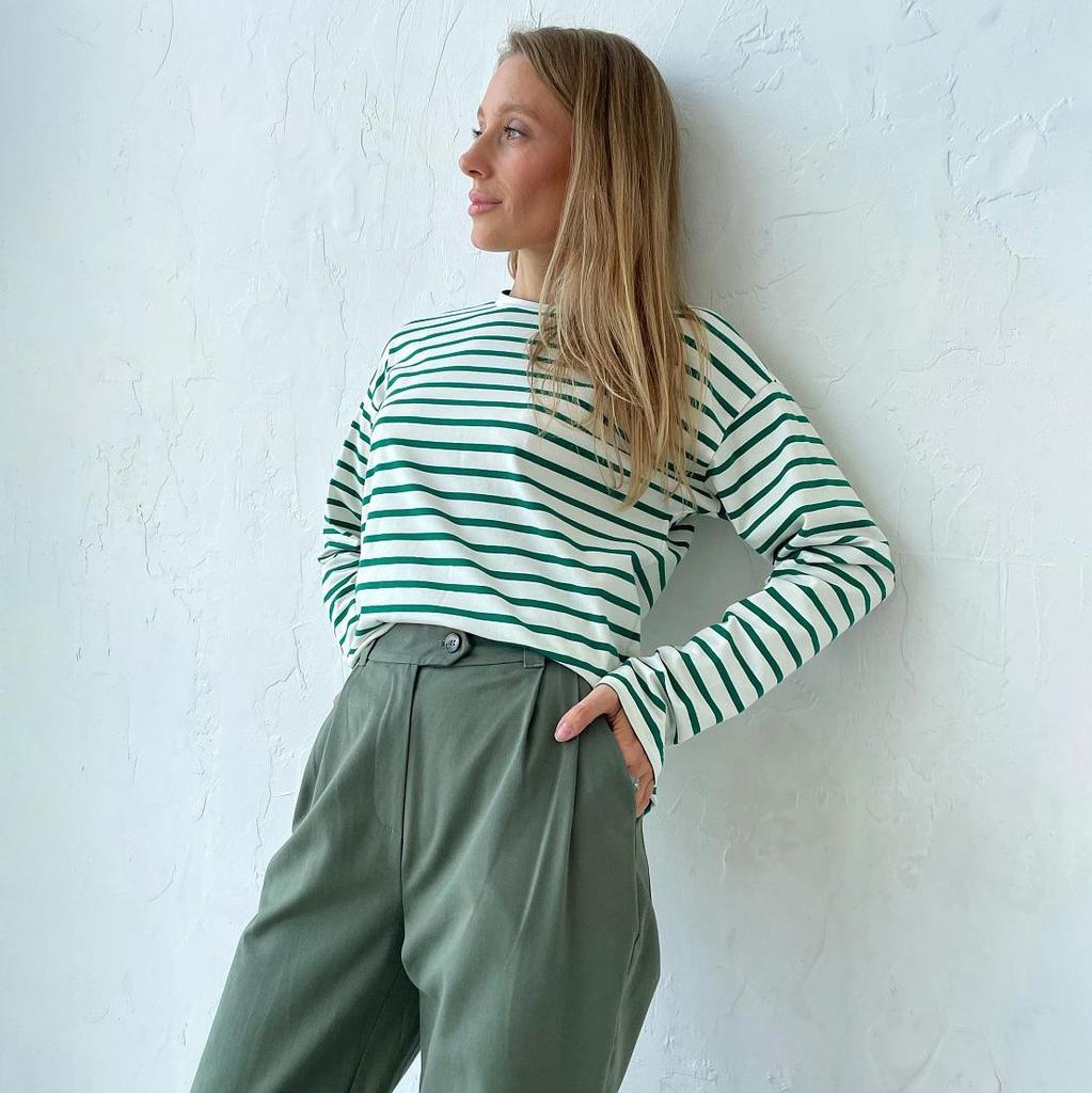 Летняя женская футболка с длинным рукавом и круглым вырезом в полоску