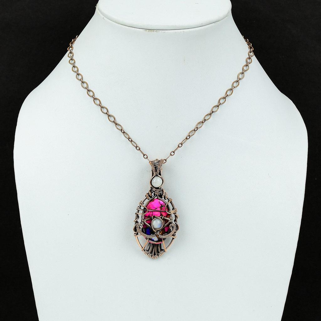 Натуральный Кингман Розовый Георгин Бирюзовый Кулон Кулон, обернутый медной проволокой Кулон Глаз Дьявола Кулон из драгоценного камня ручной работы Проволочные украшения из лунного камня