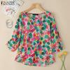 ZANZEA Women Print Casual Round Neck 3/4 Sleeve Loose Blouse