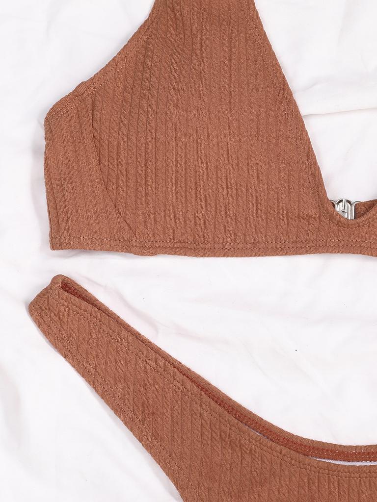 Женский коричневый бикини с глубоким V-образным вырезом, сексуальный купальник из двух частей