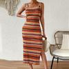 Летнее квадратное воротник полосатый разрез сбоку длинное платье женское богемное облегающее платье сексуальное пакет бедра без рукавов майка платья одежда
