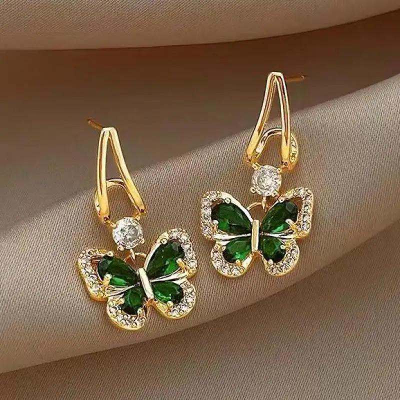 Copper Needle Vintage Green Crystal Butterfly Drop Earrings for Women Jewelry New Trending Luxury Zircon Women's Earrings