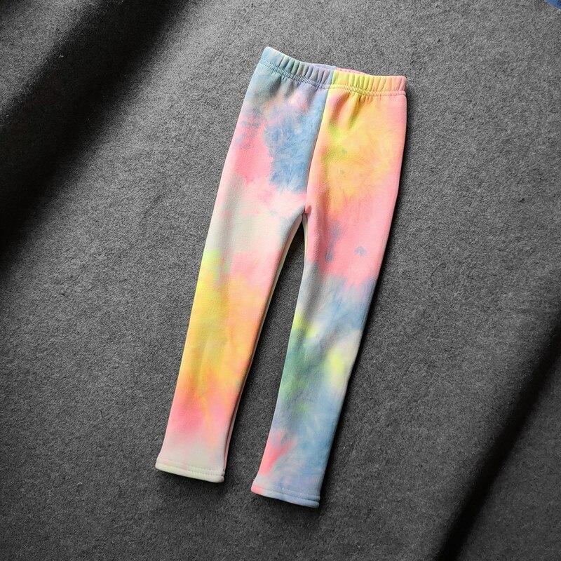 Детские брюки осень-зима для маленьких девочек с принтом тай-дай флуоресцентного цвета плюс бархатные толстые теплые леггинсы