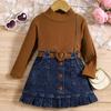 Girls' Fashion Set, Summer Children's Casual Solid-color Long-sleeved Top, Denim Pleated Skirt Set