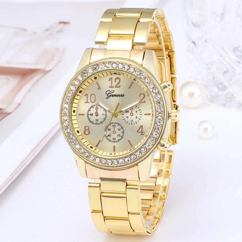 Luxury Women Watch Golden Rhinestone Fashion Women Quartz Watch Analog Wristwatch Lady's Gold Stainless Steel Bracelet Clock