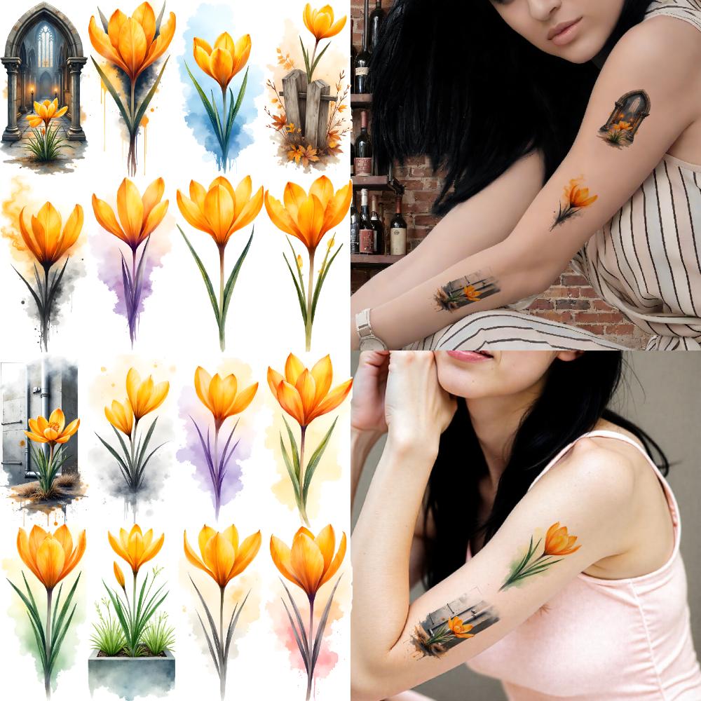 9pcs Temporary Tattoo Flower Tattoos Watercolor Yellow Floral Designs Temporary Tattoo Stickers For Ladies Arms Chest