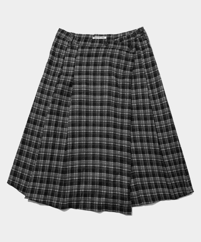 Place Studio Double Button Check Midi Layered Wrap Pleated Skirt [Check]