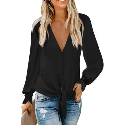 Женская рубашка весна-осень с кружевом, длинным рукавом, V-образным вырезом, однотонная, с завязками на подоле, свободный топ