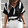 Ladies Summer Short Sleeve Lapel Color Block Pullover  Shirt Top