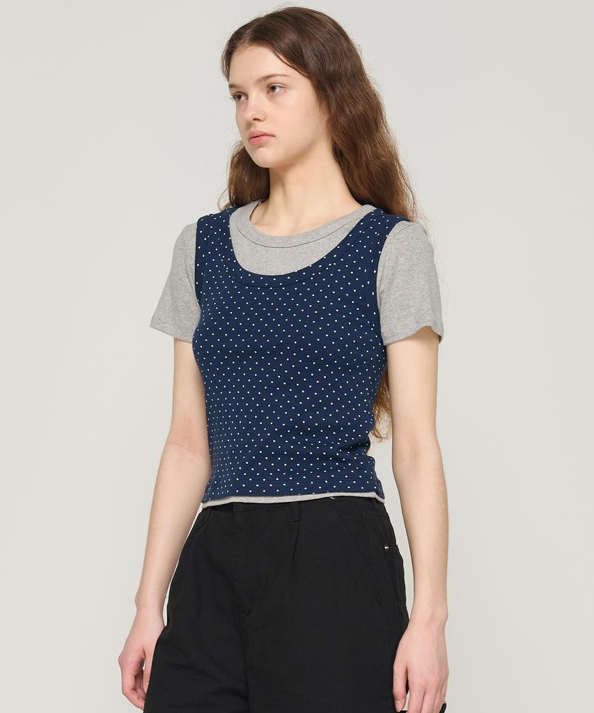 CARGOBROS FOR WOMAN Dot Layered Set Short Sleeve T-Shirt (Navy/Gray)