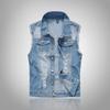 Men's Light Blue Distressed Denim Motorcycle Vest - Korean Style, Large Size