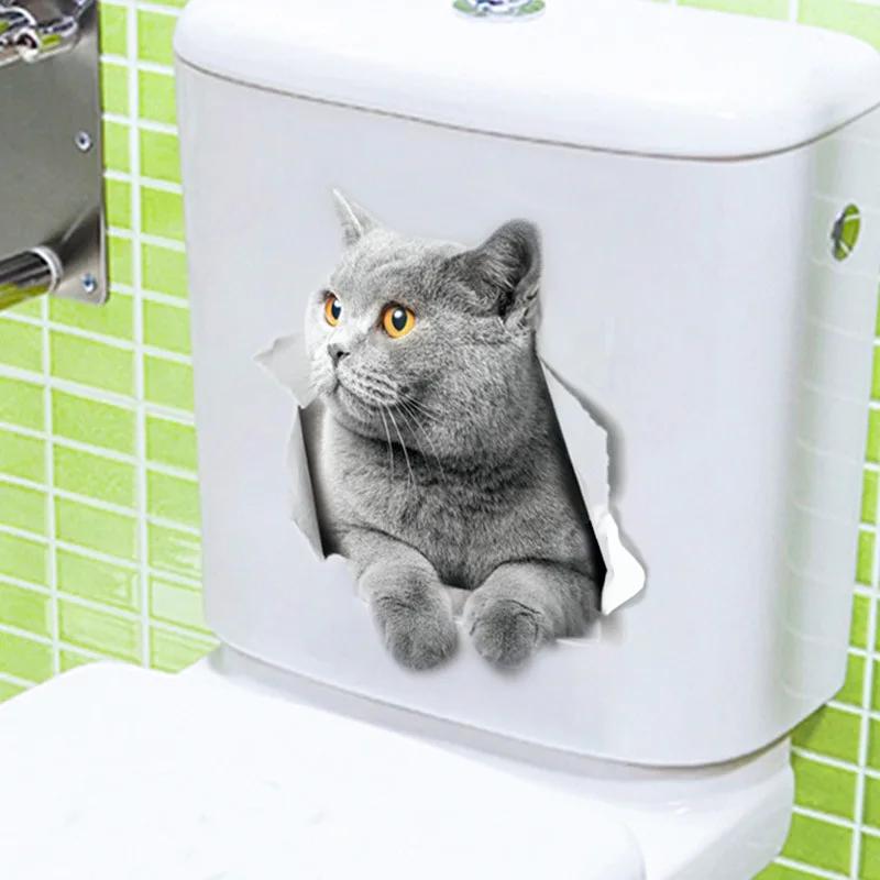 3D Наклейка на унитаз с милым котиком Наклейка на крышку унитаза для ванной Настенные наклейки Животные Аксессуары для туалета Веселые Для домашнего декора ванной комнаты