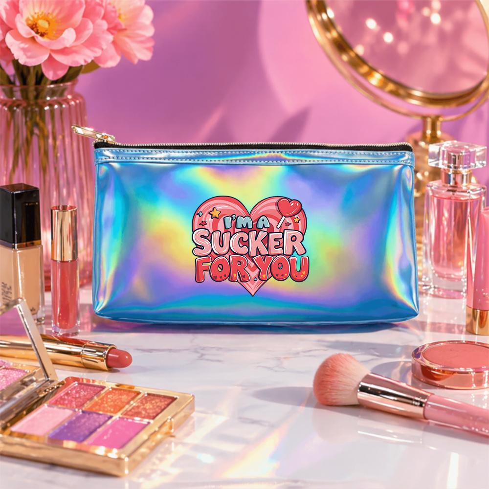 Cute Heart and Lollipop Print Laser Cosmetic Makeup Bag Holographic Zipper Pouch, PortableToiletry Storage Organizer for Travel Gift