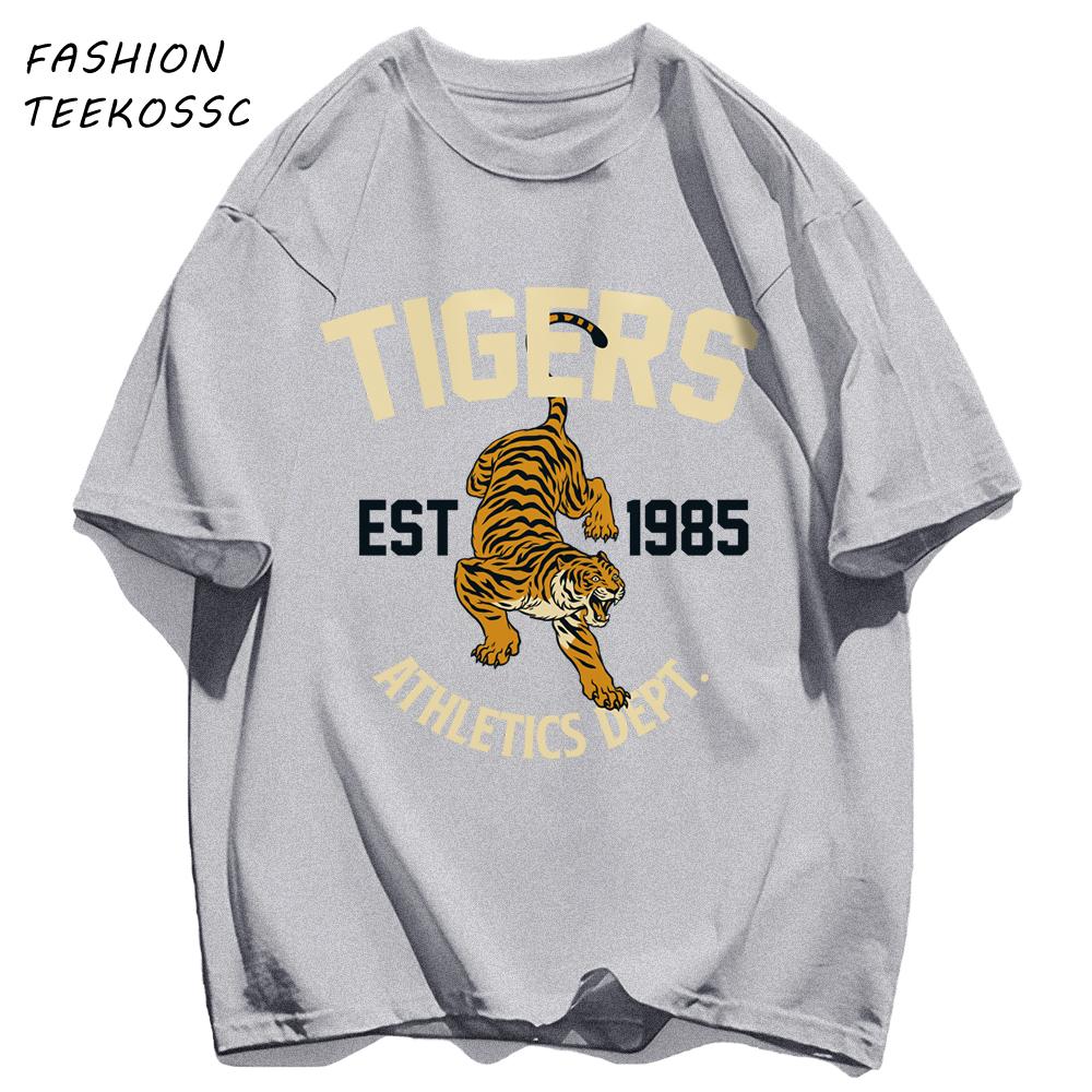 Футболка с спортивным принтом Tigers Est 1985 Мужская Удобная Свободная Футболка Летняя Повседневная Y2K Короткий Рукав Хлопок Универсальная Одежда