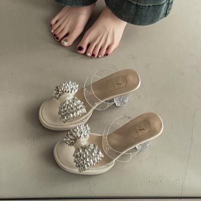 Хрустальный каблук универсальный бант стразы шлепанцы женские летняя мода верхняя одежда юбка толстый каблук высокий каблук сандалии