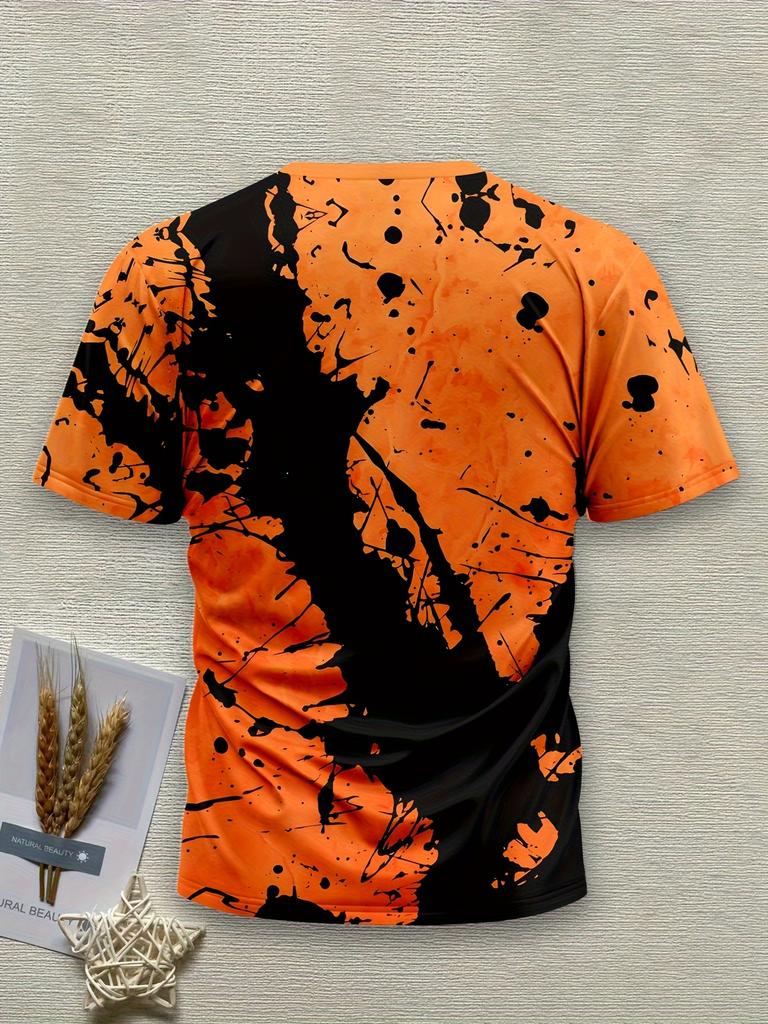 Men'S Novel Gradient Print Shirt | Breathable Polyester | Casual Round Neck Short Sleeve Shirt | Machine Washable | Vibrant Orange And Black Design |