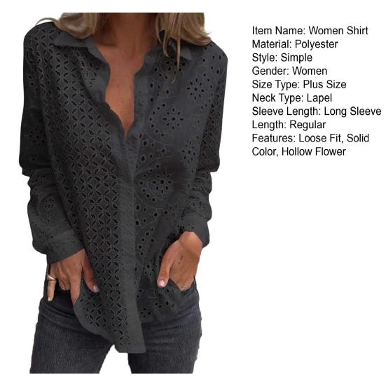 Women Shirt Lapel Long Sleeve Hollow Flower Pattern Shirt Tops Solid Color Loose Fit Single