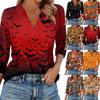 Women's Fashion Casual Lapel 3/4 Sleeve Halloween Print Shirt Women's V-Neck Tops