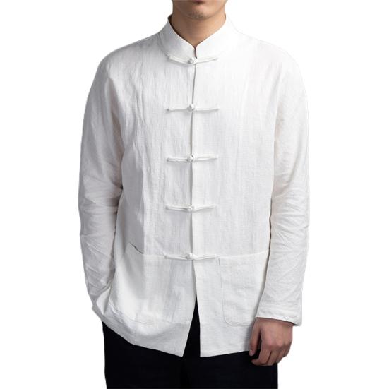 Men Autumn Chinese Style Shirt Top Mandarin Collar Long Sleeve Pockets Disc Button Traditional Kung Fu Tai Chi Shirt Tang Tops Uniform