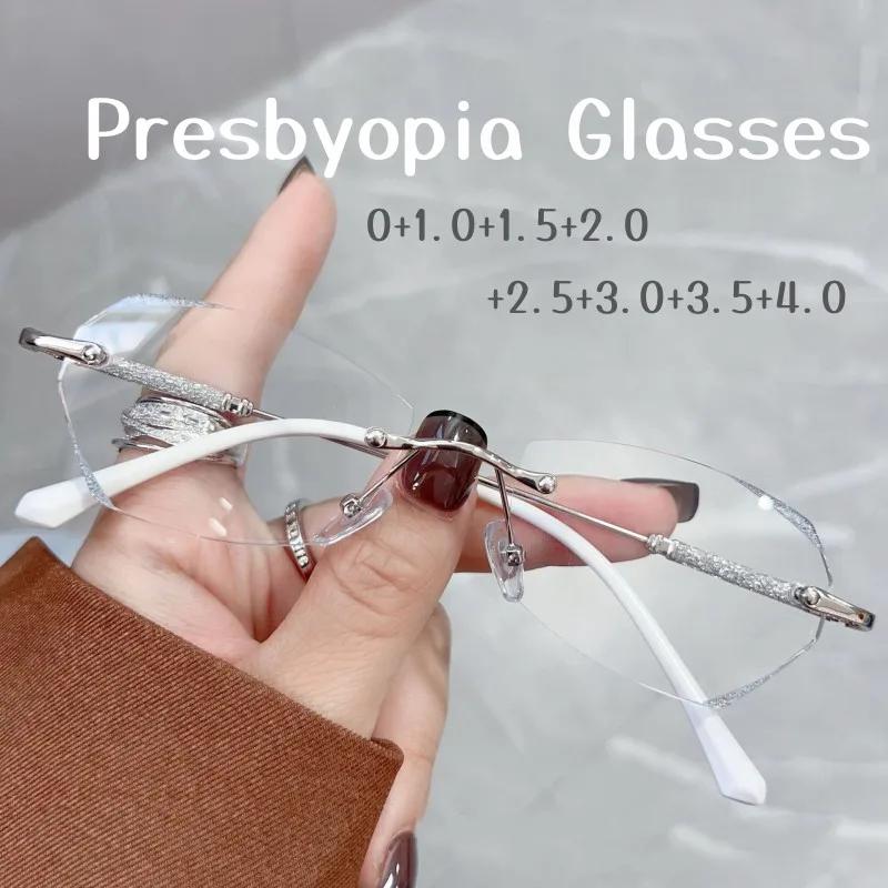 Rimless Women's HD Lens Reading Glasses Fashion Trendy Diamond Cut Eyeglasses for Ladies Unisex Luxury Far Sight Presbyopia