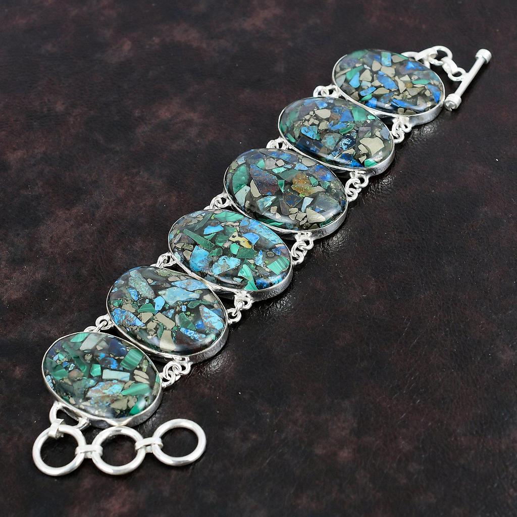 Медный браслет из азурита и малахита, браслет из стерлингового серебра 925 пробы, регулируемый браслет-цепочка ручной работы, подарок для друга, красивые ювелирные изделия из драгоценных камней