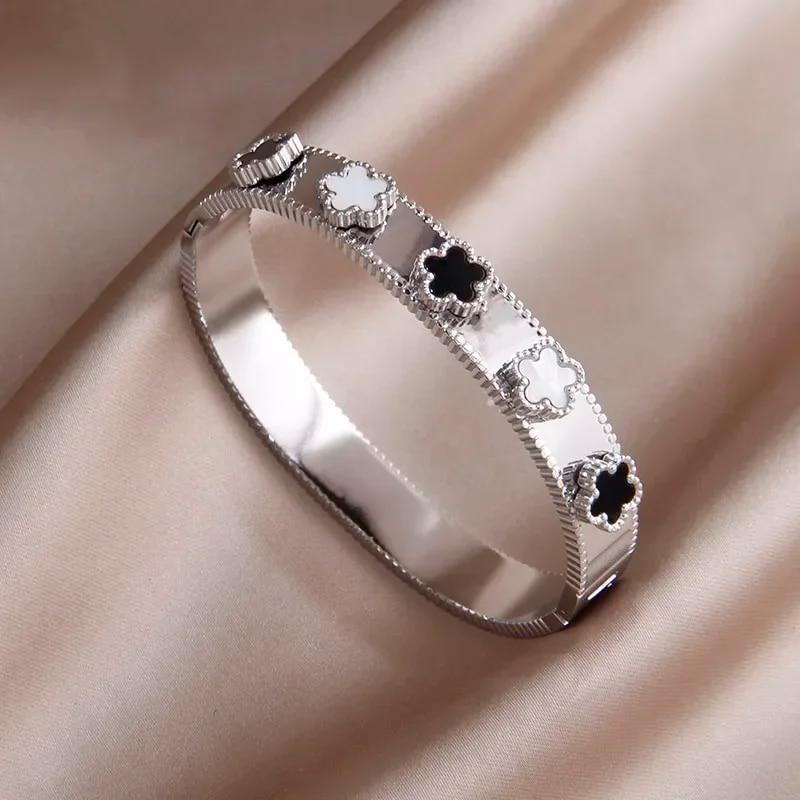 Классический браслет из нержавеющей стали с черным цветком для женщин, металлические браслеты в стиле панк, нержавеющие наручные украшения, подарок для вечеринки