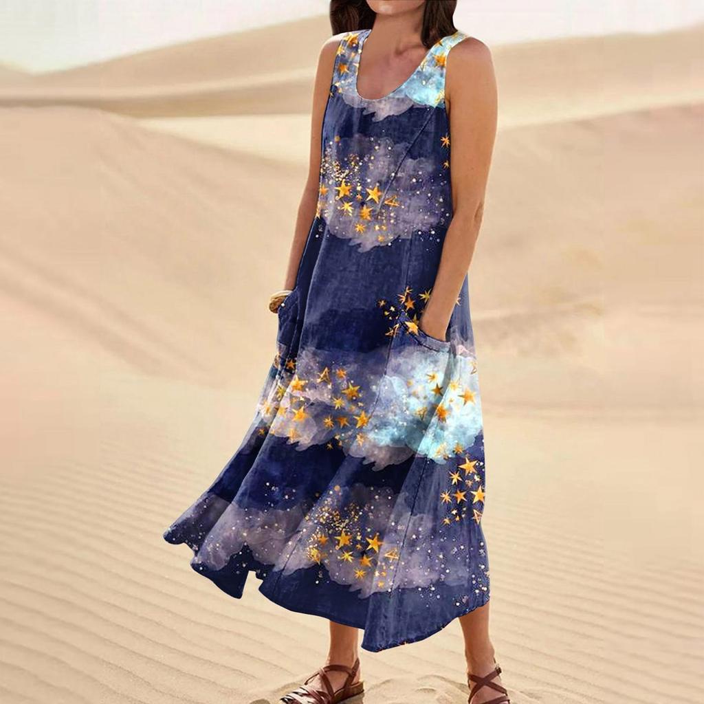 Женское летнее свободное свободное платье без рукавов с круглым вырезом и звездами в стиле пэчворк с цветным принтом и карманом
