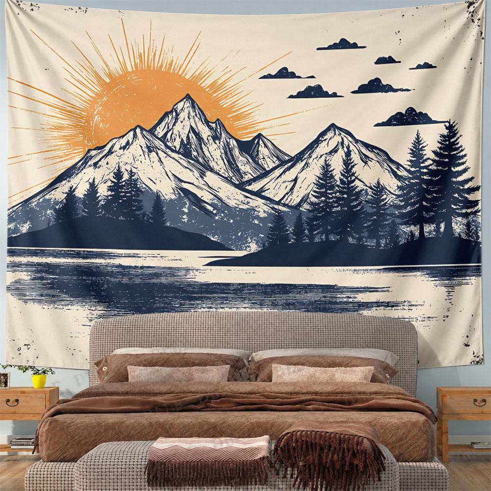 Sunrise over mountains with pine trees, clouds, and reflected lake water. Patterned tapestry for bedroom and living room home decor