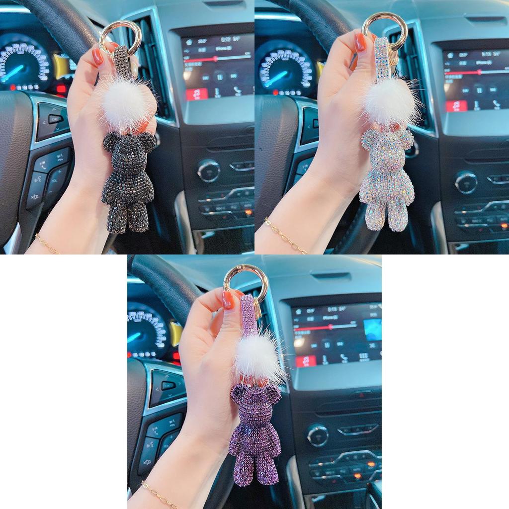 Crystal Fur Full Diamond Violent Bear Car Keychain Stylish Rope Key Ring Bag Pendant For Women